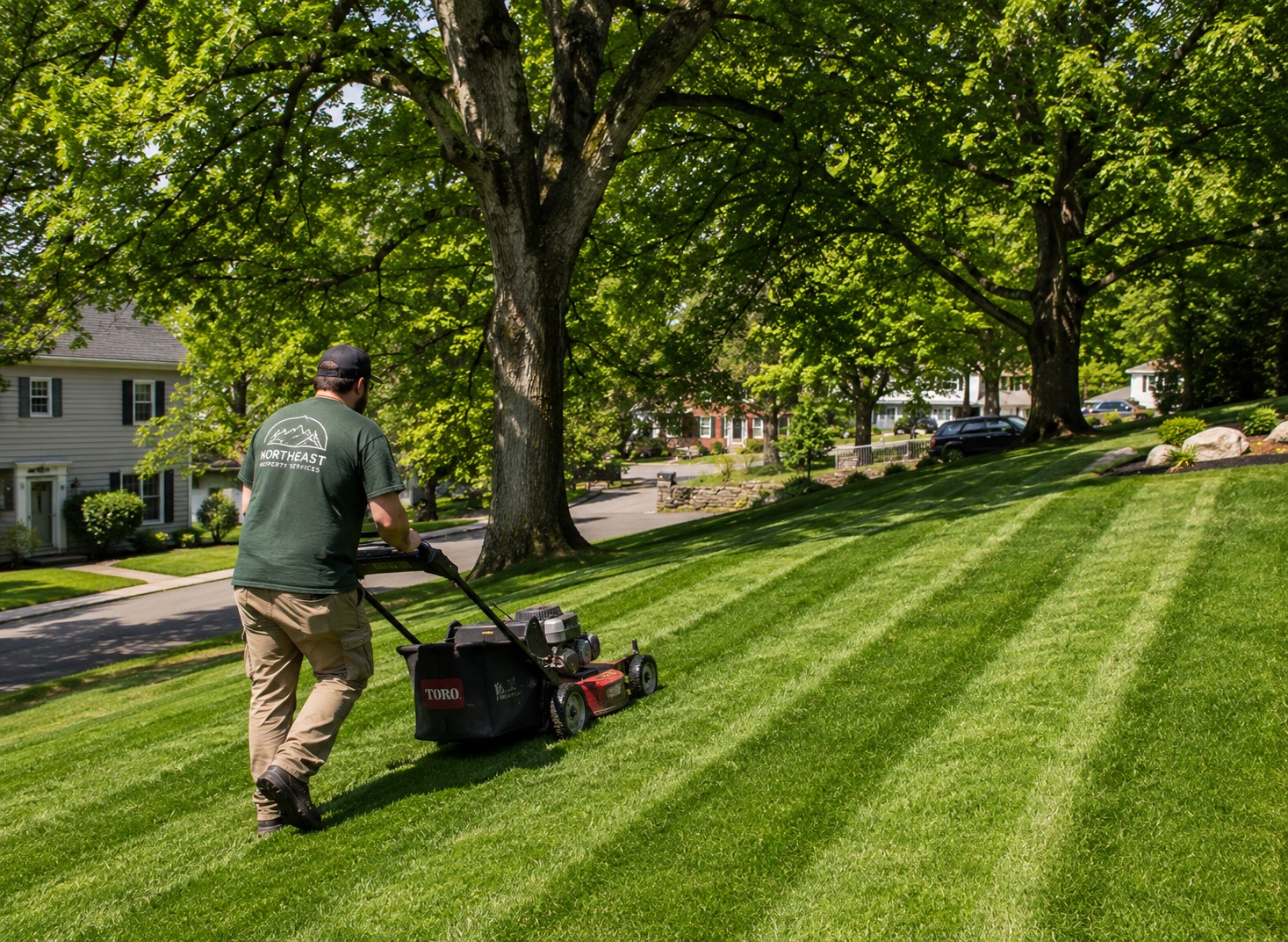 Lawn care crew member mowing a striped lawn on a hilly Scranton property